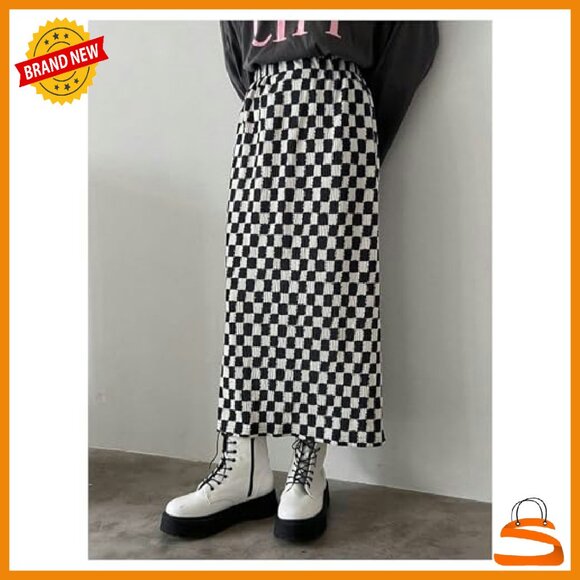 Elastic Waist Plaid Skirt Long Straight Slit Hem Women's - Picture 5 of 7